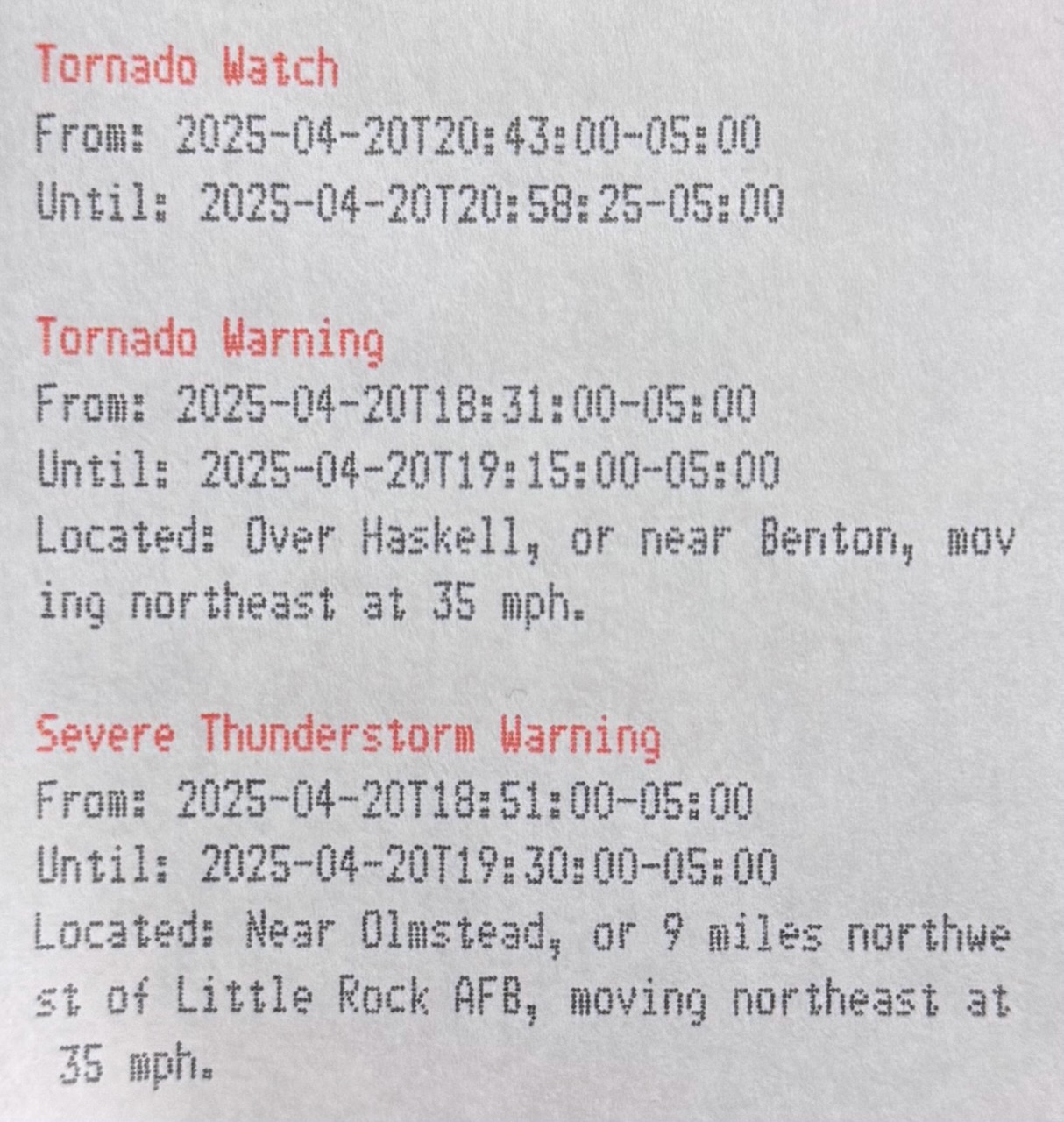 Weather alert printout