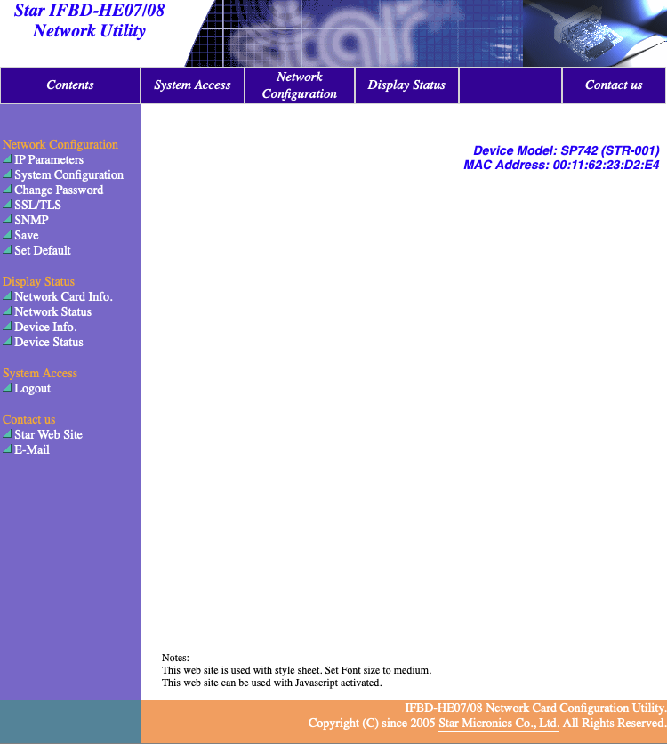 Star SP-700 Web Interface